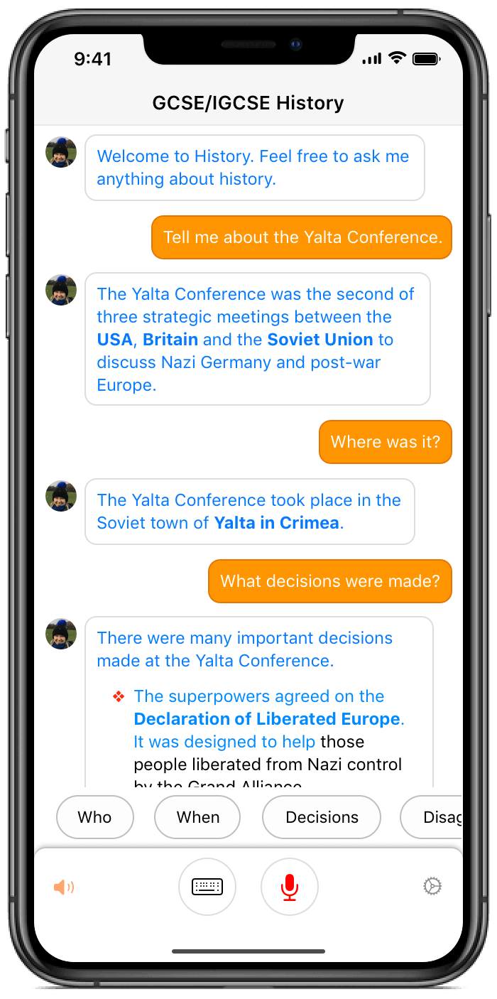 phone with showing GCSE History app chat screen
